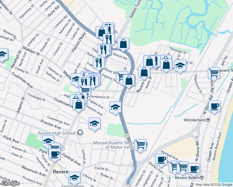 map of restaurants, bars, coffee shops, grocery stores, and more near 91 Pomona Street in Revere