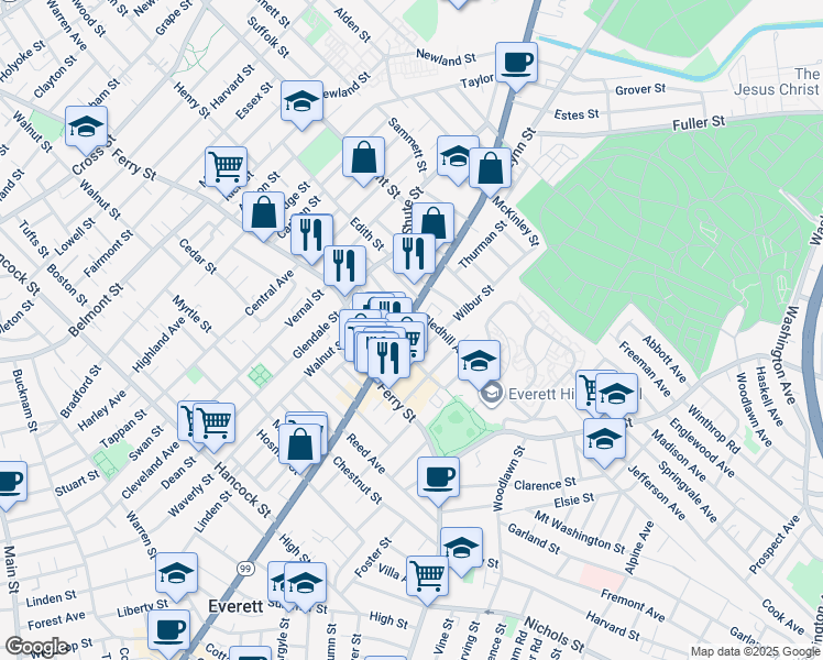 map of restaurants, bars, coffee shops, grocery stores, and more near 14 Henry Street in Everett