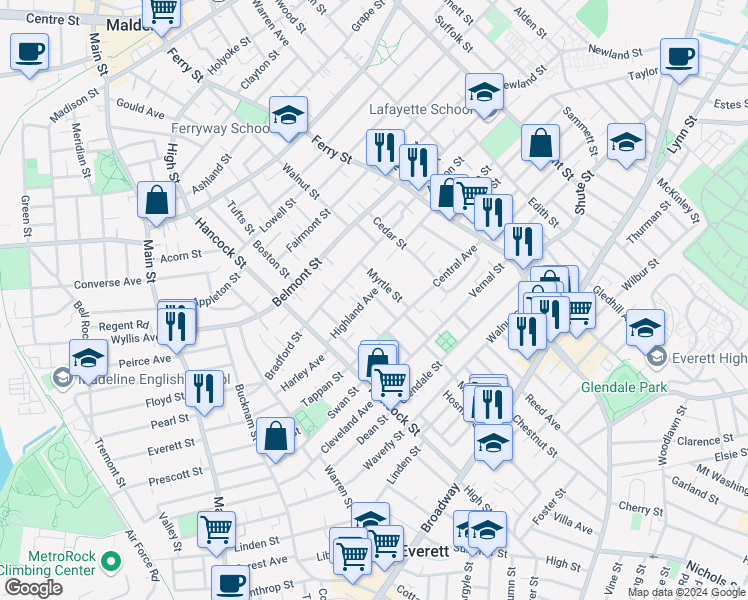 map of restaurants, bars, coffee shops, grocery stores, and more near 189 Bradford Street in Everett