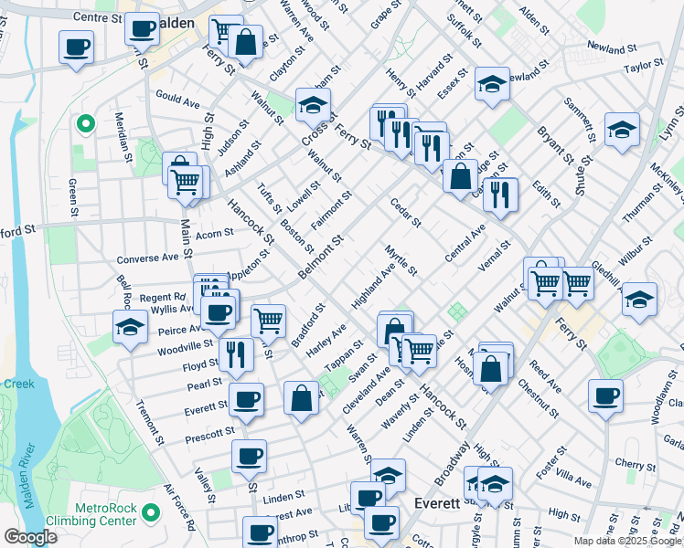 map of restaurants, bars, coffee shops, grocery stores, and more near 147 Belmont Street in Everett