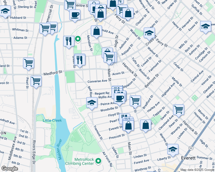 map of restaurants, bars, coffee shops, grocery stores, and more near 2 Converse Avenue in Malden