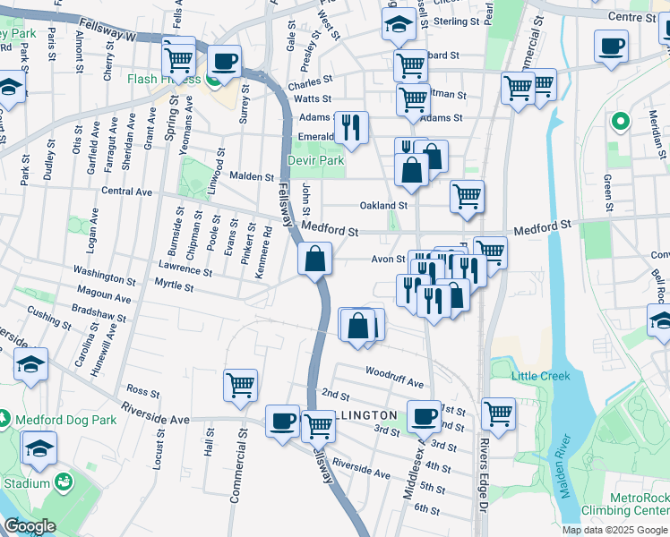 map of restaurants, bars, coffee shops, grocery stores, and more near 24 Quincy Street in Malden