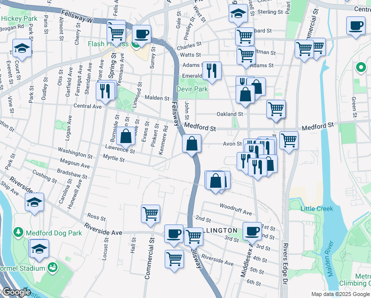 map of restaurants, bars, coffee shops, grocery stores, and more near 1033 Fellsway in Medford