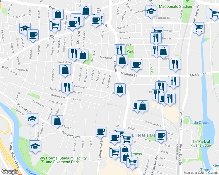 map of restaurants, bars, coffee shops, grocery stores, and more near 17a Amaranth Avenue in Medford