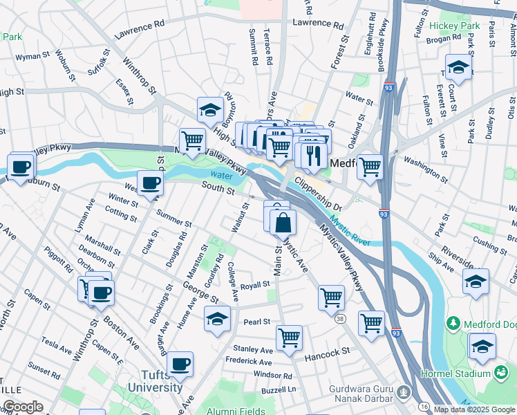 map of restaurants, bars, coffee shops, grocery stores, and more near 23 South Street in Medford