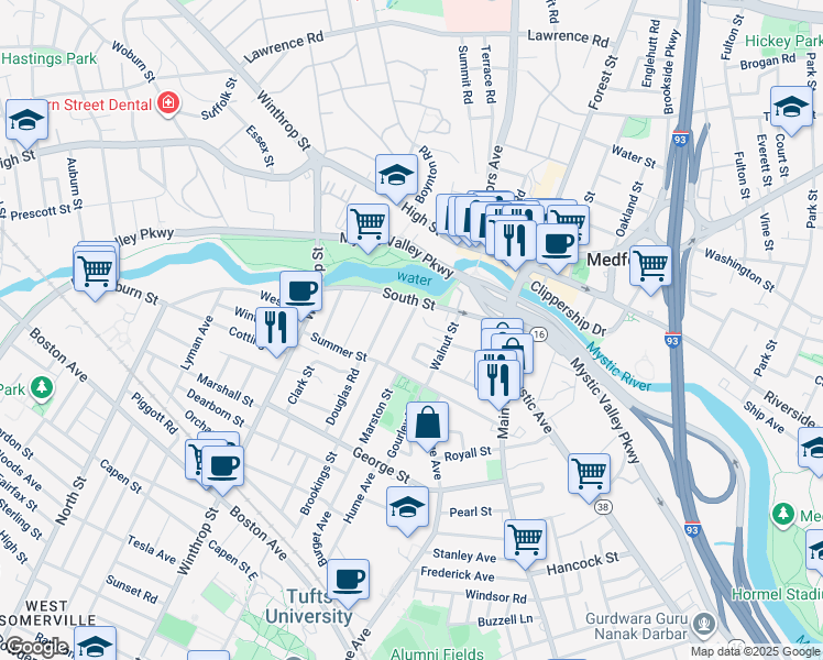 map of restaurants, bars, coffee shops, grocery stores, and more near 8 Touro Avenue in Medford
