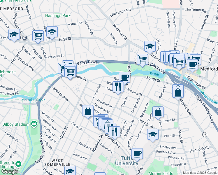 map of restaurants, bars, coffee shops, grocery stores, and more near 43 Winter Street in Medford