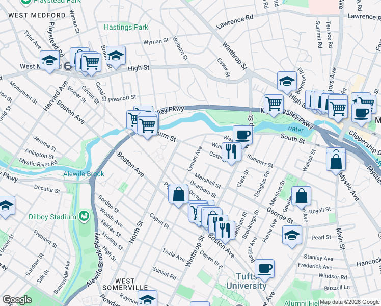 map of restaurants, bars, coffee shops, grocery stores, and more near 17-21 Lyman Avenue in Medford
