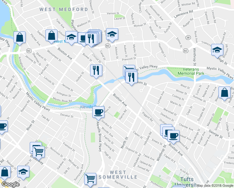 map of restaurants, bars, coffee shops, grocery stores, and more near U-Haul Driveway in Somerville