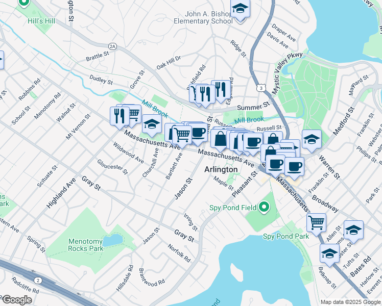 map of restaurants, bars, coffee shops, grocery stores, and more near 10 Ramsdell Court in Arlington