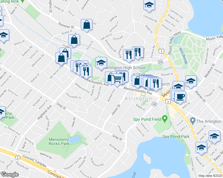 map of restaurants, bars, coffee shops, grocery stores, and more near 821 Massachusetts Avenue in Arlington