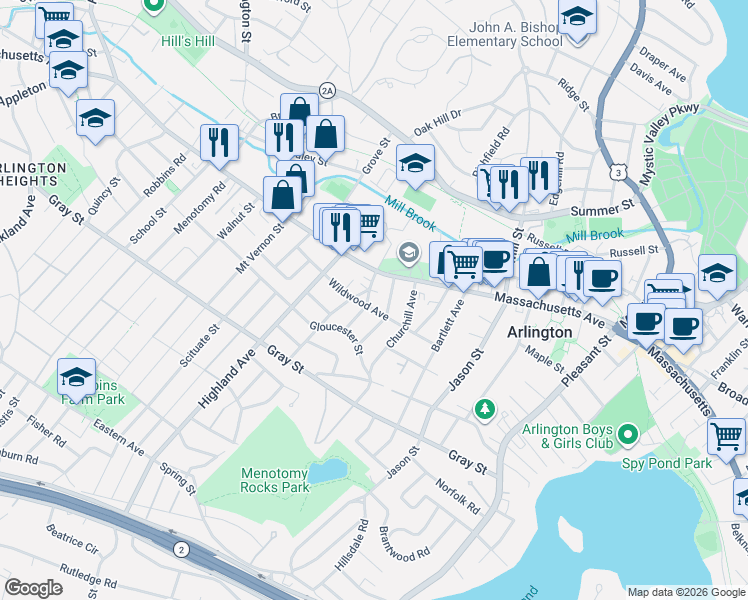 map of restaurants, bars, coffee shops, grocery stores, and more near 880 Massachusetts Avenue in Arlington