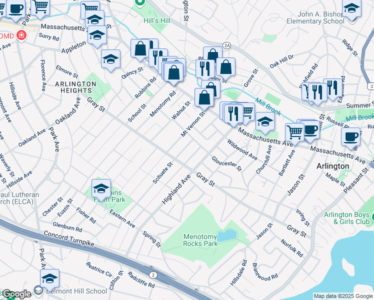 map of restaurants, bars, coffee shops, grocery stores, and more near 5 Scituate Street in Arlington