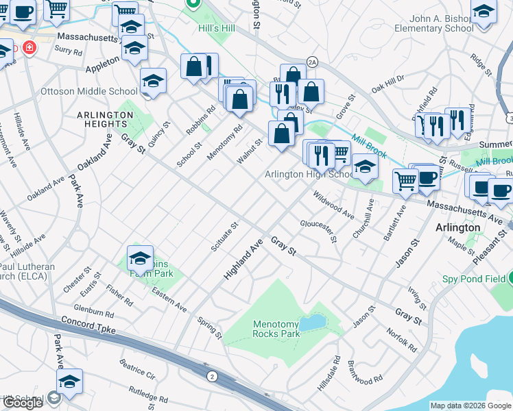 map of restaurants, bars, coffee shops, grocery stores, and more near 5 Scituate Street in Arlington