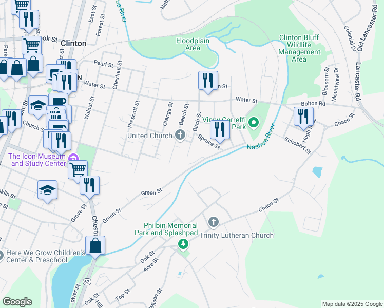 map of restaurants, bars, coffee shops, grocery stores, and more near 21 Spruce Street in Clinton