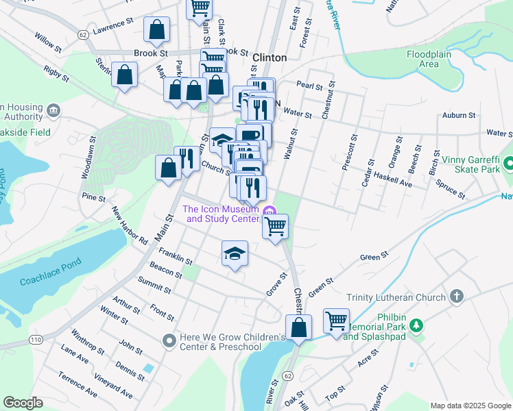map of restaurants, bars, coffee shops, grocery stores, and more near 58 High Street in Clinton
