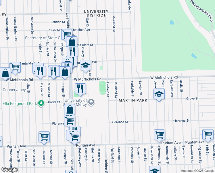 map of restaurants, bars, coffee shops, grocery stores, and more near 3716 West McNichols Road in Detroit
