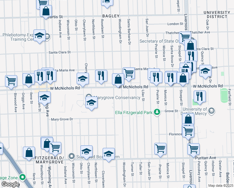 map of restaurants, bars, coffee shops, grocery stores, and more near 8031 West McNichols Road in Detroit