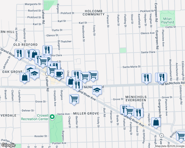 map of restaurants, bars, coffee shops, grocery stores, and more near 17251 Trinity Street in Detroit