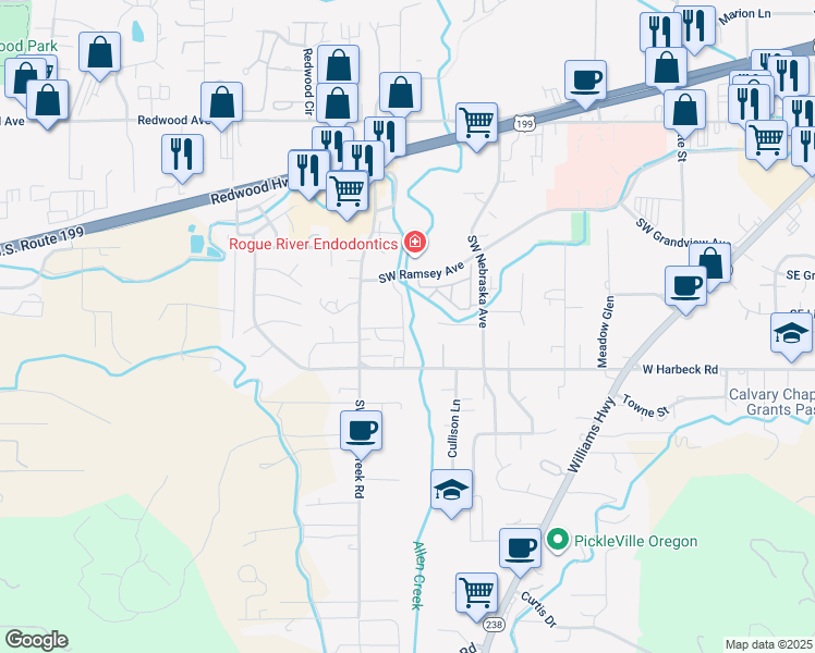 map of restaurants, bars, coffee shops, grocery stores, and more near 1893 Southwest Hungry Hill Drive in Grants Pass