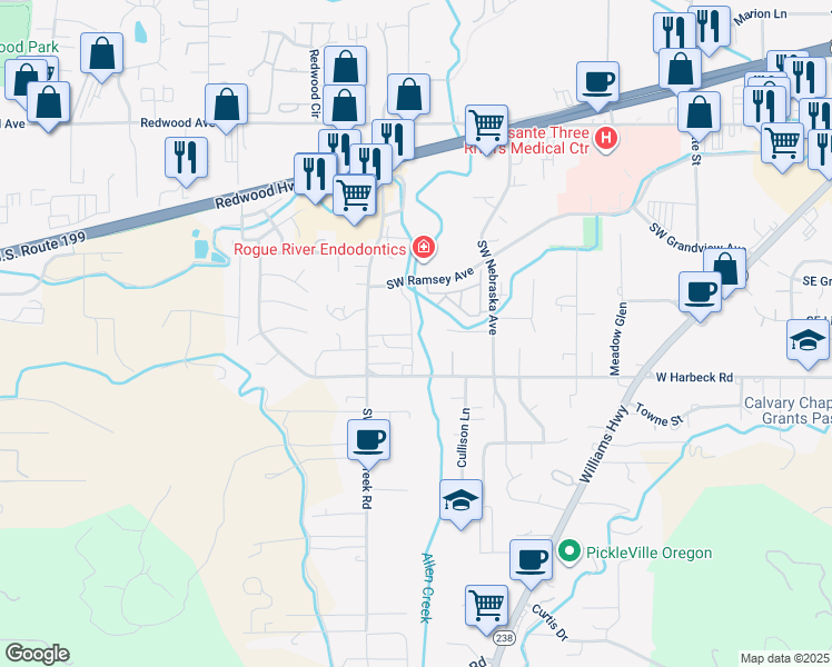 map of restaurants, bars, coffee shops, grocery stores, and more near 1893 Southwest Hungry Hill Drive in Grants Pass