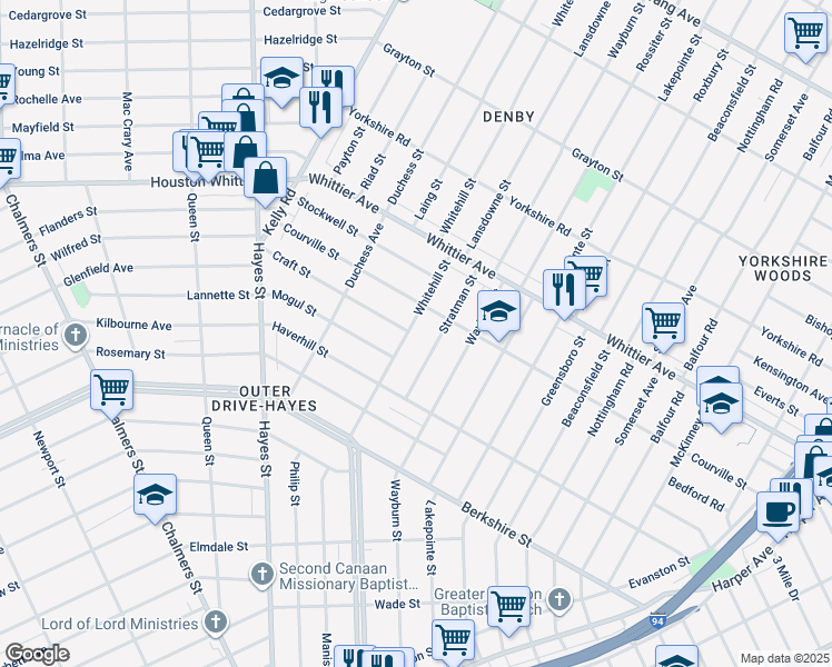 map of restaurants, bars, coffee shops, grocery stores, and more near 10860 Whitehill Street in Detroit