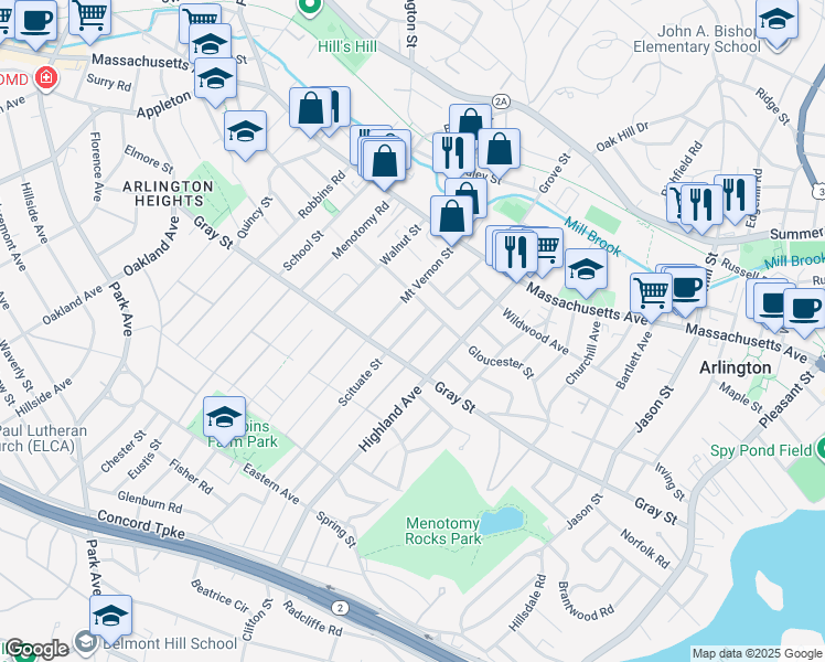 map of restaurants, bars, coffee shops, grocery stores, and more near 5 Scituate Street in Arlington