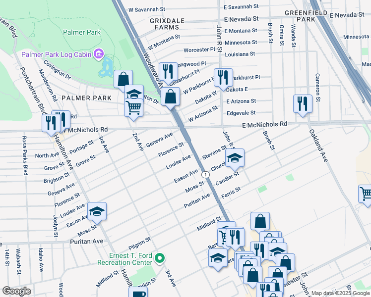 map of restaurants, bars, coffee shops, grocery stores, and more near 16490 Woodward Avenue in Highland Park