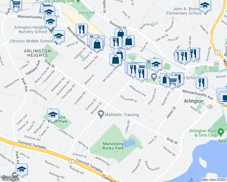 map of restaurants, bars, coffee shops, grocery stores, and more near 2 Newport Street in Arlington