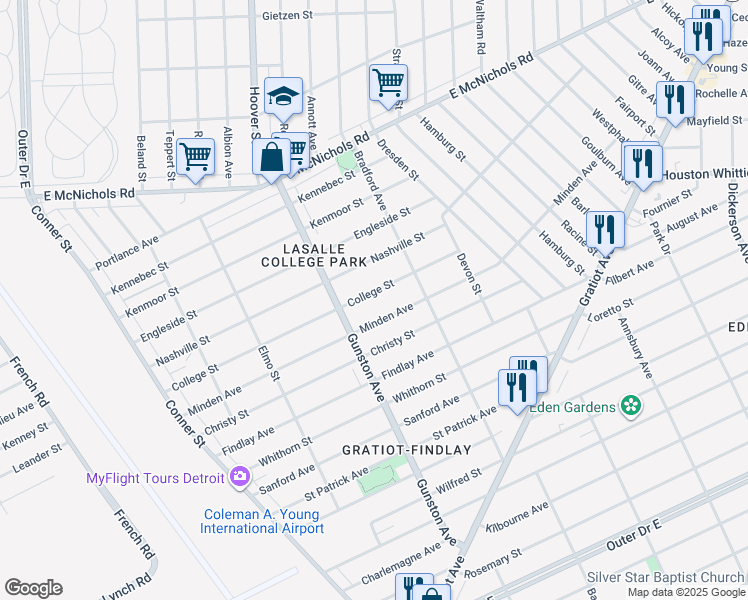 map of restaurants, bars, coffee shops, grocery stores, and more near 11774 College Street in Detroit