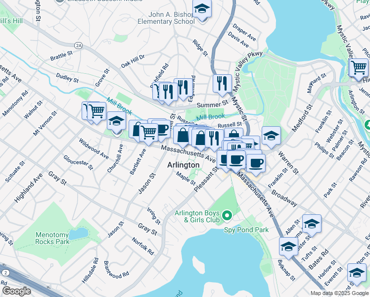 map of restaurants, bars, coffee shops, grocery stores, and more near 7 Bacon Street in Arlington