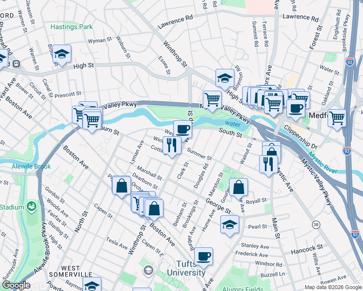 map of restaurants, bars, coffee shops, grocery stores, and more near 178 Winthrop Street in Medford