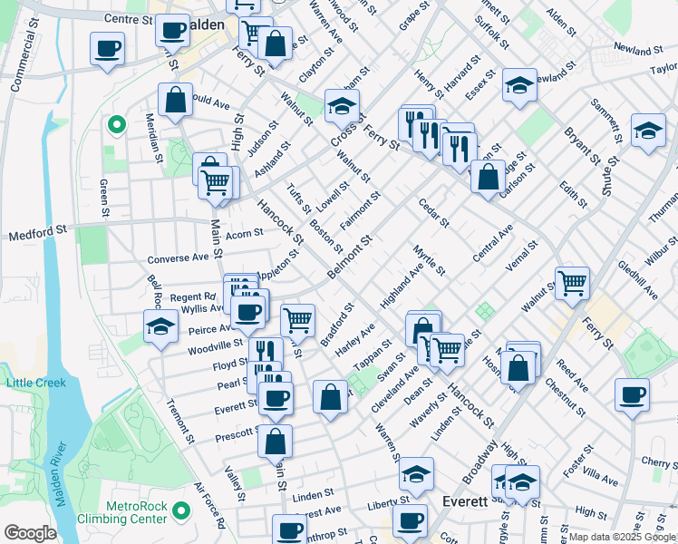 map of restaurants, bars, coffee shops, grocery stores, and more near 120-122 Belmont Street in Malden