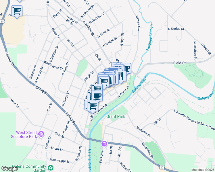 map of restaurants, bars, coffee shops, grocery stores, and more near 201 North Bench Street in Galena