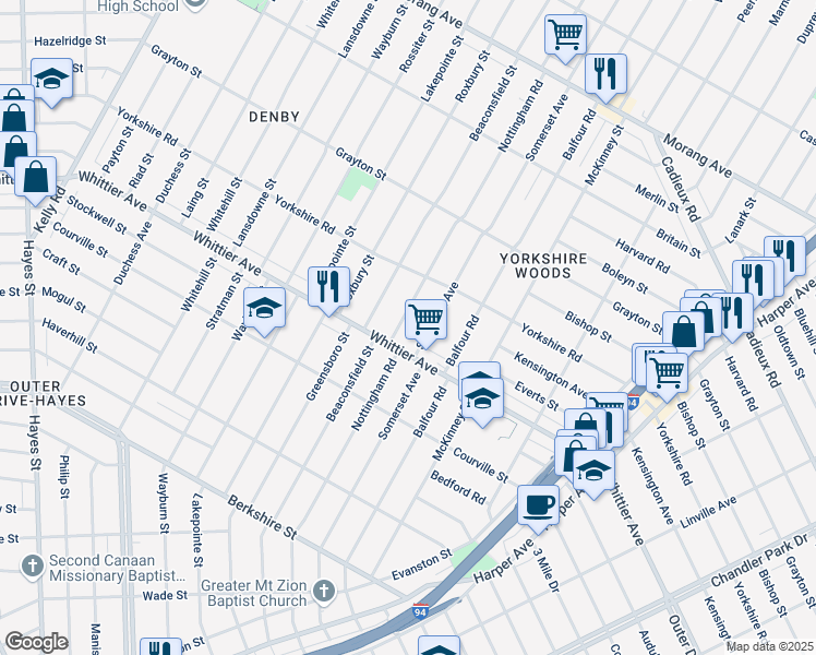 map of restaurants, bars, coffee shops, grocery stores, and more near 10468 Nottingham Road in Detroit