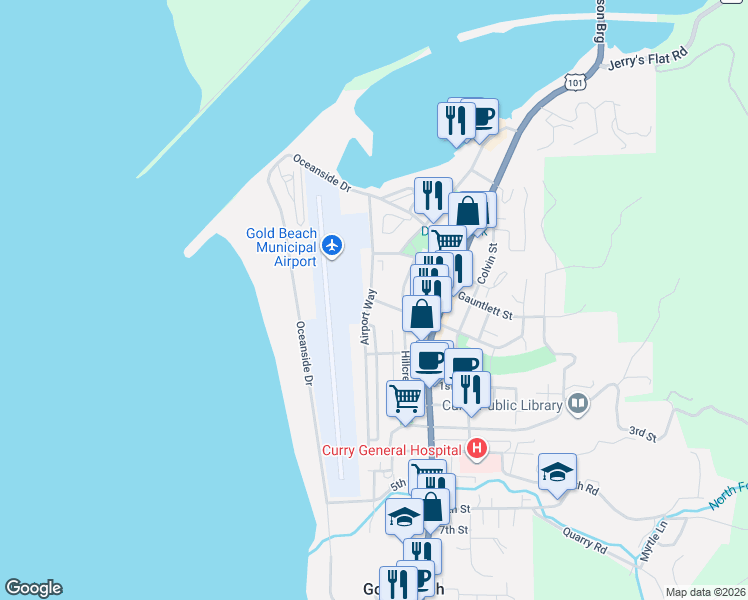 map of restaurants, bars, coffee shops, grocery stores, and more near 94141 Caughell Street in Gold Beach