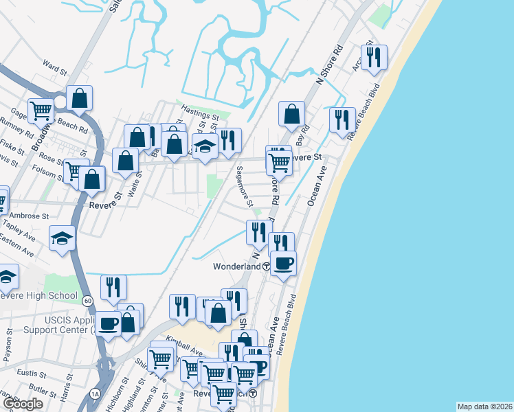map of restaurants, bars, coffee shops, grocery stores, and more near 51 Agawam Street in Revere