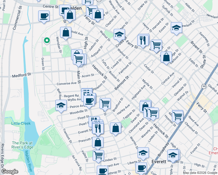 map of restaurants, bars, coffee shops, grocery stores, and more near 85 Hancock Street in Malden