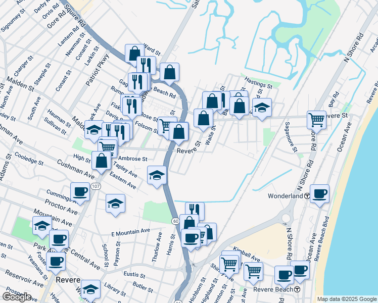 map of restaurants, bars, coffee shops, grocery stores, and more near 222 Revere Street in Revere
