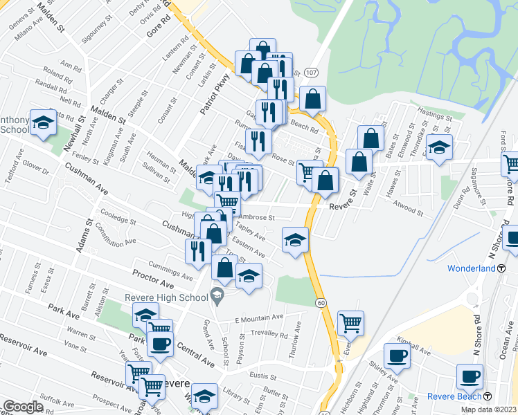 map of restaurants, bars, coffee shops, grocery stores, and more near 4 Carleton Street in Revere