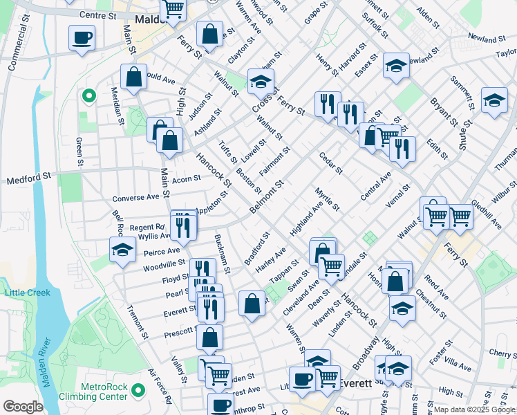 map of restaurants, bars, coffee shops, grocery stores, and more near 120-122 Belmont Street in Malden