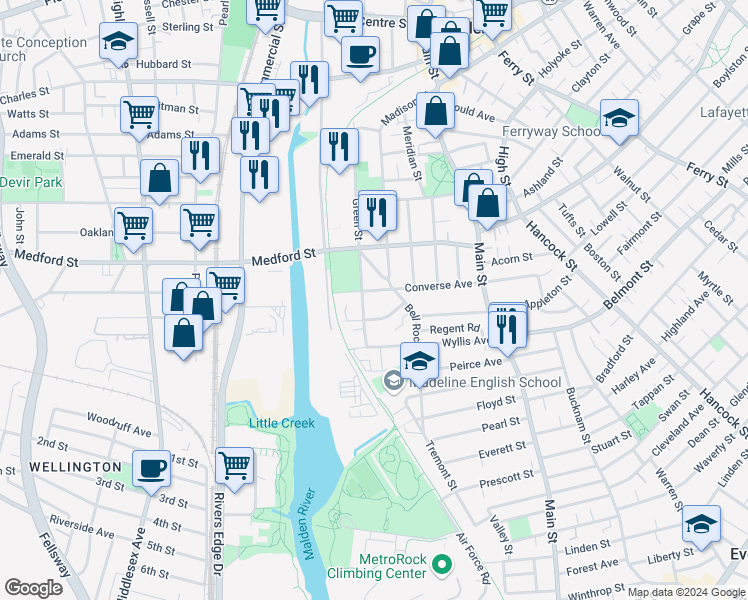 map of restaurants, bars, coffee shops, grocery stores, and more near 95 Converse Avenue in Malden