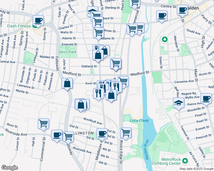 map of restaurants, bars, coffee shops, grocery stores, and more near 43-45 Avon Street in Malden