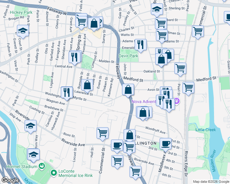 map of restaurants, bars, coffee shops, grocery stores, and more near 17a Amaranth Avenue in Medford