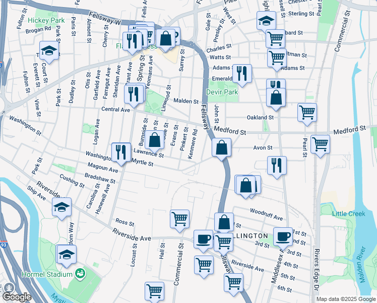 map of restaurants, bars, coffee shops, grocery stores, and more near 57 Pinkert Street in Medford