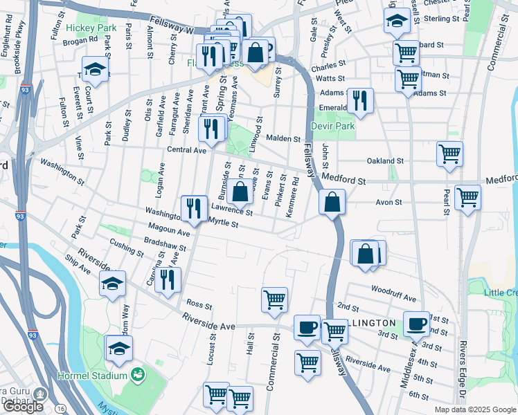 map of restaurants, bars, coffee shops, grocery stores, and more near 17 Poole Street in Medford