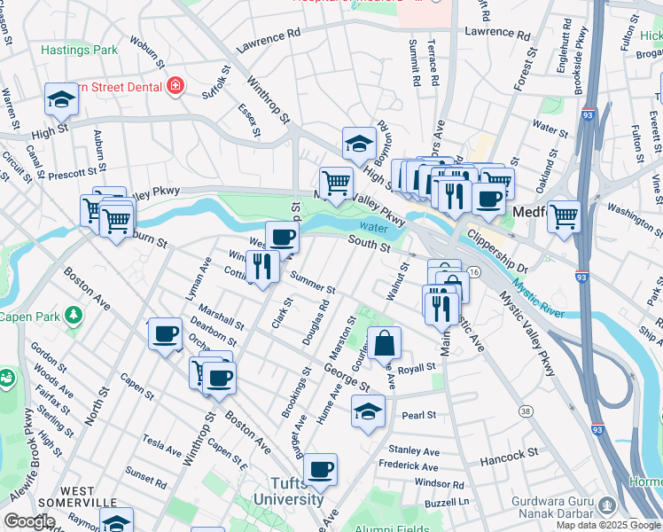 map of restaurants, bars, coffee shops, grocery stores, and more near 15 Maple Avenue in Medford
