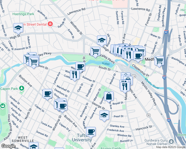 map of restaurants, bars, coffee shops, grocery stores, and more near 15 Maple Avenue in Medford