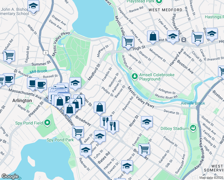 map of restaurants, bars, coffee shops, grocery stores, and more near 115-117 Webster Street in Arlington
