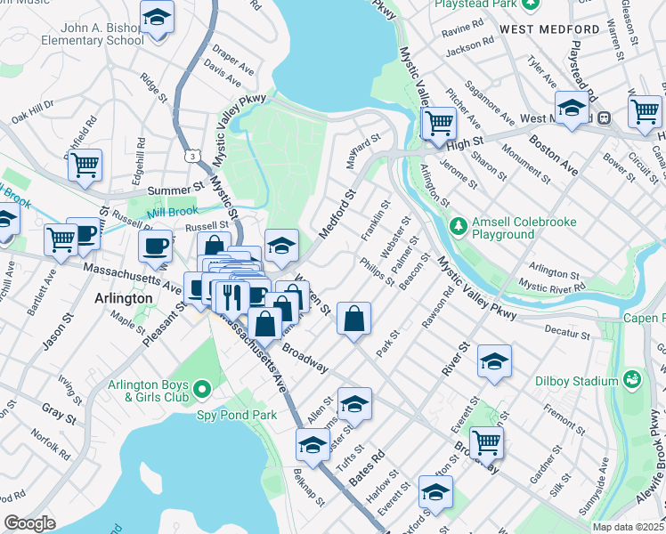 map of restaurants, bars, coffee shops, grocery stores, and more near 34 Lewis Avenue in Arlington